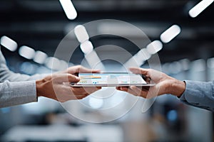 Two people exchanging a digital tablet in a blurred modern office environment