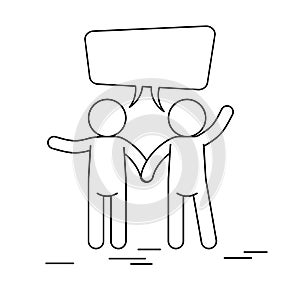 Two people express a common opinion. The couple makes a speech holding hands. Black and white illustration.