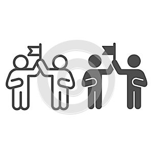 Two people and flag line and solid icon, Coworking concept, partnership sign on white background, teamwork collaboration