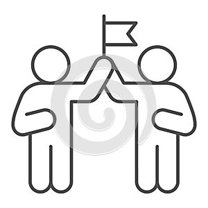 Two people and flag thin line icon, Coworking concept, partnership sign on white background, teamwork collaboration icon
