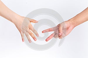 Two people guessing fist on a white background