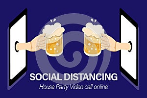 Two people hands holding beer glasses in house party. Friends having fun with video call online by smart phones. Social Distancing