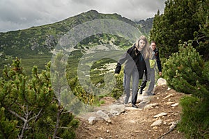 Two people hiking on rocky trail in HIgh Tatras mountains in Slovakia surrounded by dwarf pine and other coniferous trees. Top of