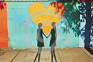 Two People Holding Hands in Front of a Heart Painted on a Wall. Generative AI