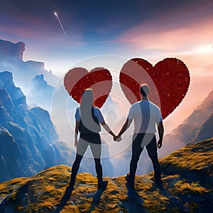 Two people holding hands staring into in front of a heart