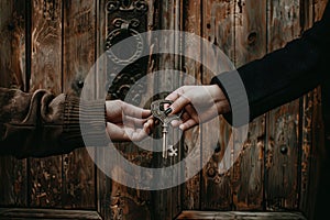 Two People Holding a Key to a Wooden Door