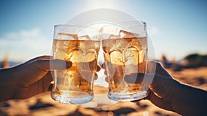 Two people making a toast with beer pint glasses