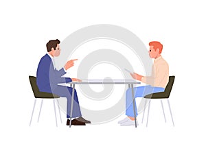 Two people male cartoon characters sitting at table having nice conversation isolated on white