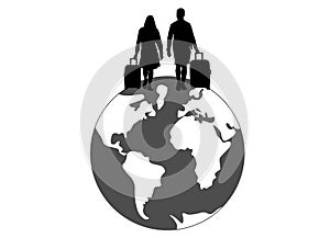 Two people man and woman with suitcases travel on world, silhouettes. Vector illustration