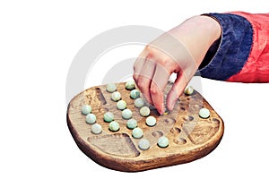 Two people play an ancient board game Mill, isolated on a white backg