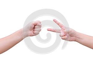 Two people playing rock paper scissors isolated