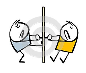 Two people pull door handle from different sides and cannot open it. Vector illustration of misunderstanding in