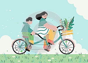 two people riding bike happily going outing in spring flat vector illustration. bicycle built for two. tandem bicycle.