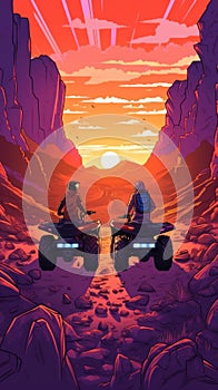 Two people riding four wheelers in a desert. Generative AI image.