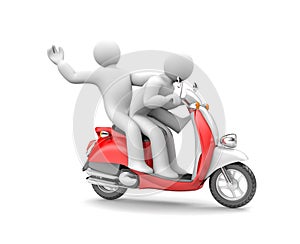 Two people riding on a moped