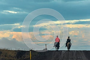 Two people riding two horses on the road on Iceland