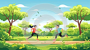 Two people running in a park with trees in the background