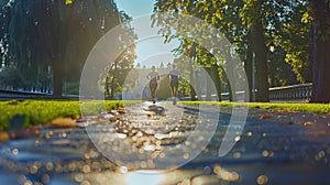 Two people running in a park with trees in the background