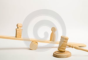Two people on the scales and a judge hammer on a white background. The concept of litigation. The plaintiff and the defendant. Dis