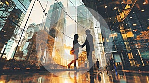 Two People Shaking Hands Against City Skyline. Silhouettes of people. Love in the modern world. Business relations