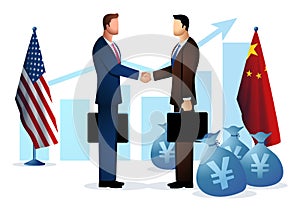 Two people shaking hands with American and Chinese flag