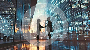 Two People Shaking Hands in Front of a Building. Silhouettes of people. Love in the modern world. Business relations