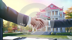 Two people shaking hands in front of a house