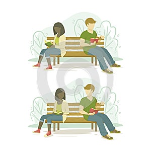 Two people sitting on a bench reading, studying, relaxing.  Looking at each other, meeting. Relationship, romance.
