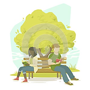 Two people sitting on a bench reading, studying, relaxing. Summer day in the park. Vector