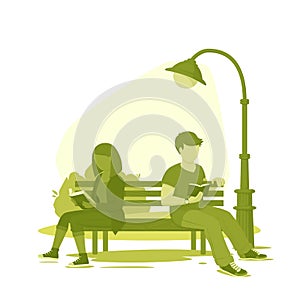 Two people sitting on a bench reading, studying, relaxing. Summer day in the park. Vector