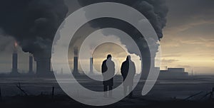 Two people standing in front of nuclear power plant polluting environment