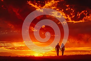 Two people standing in a grassy field, A romantic silhouette of two figures walking hand in hand against a fiery sunset sky