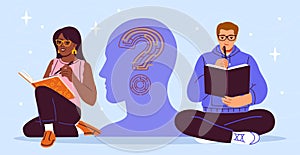 Two people studying with a stylized question mark