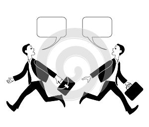 Two people in suits don't have time to talk. Vector image.