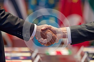 Two people in suits shaking hands with G7 nation flags in the background photo