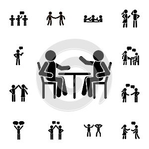 Two people, table, conversation flat vector icon in People talk pack
