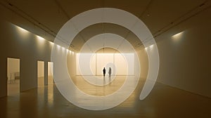 Two people talking in a large empty exhibition hall with decorative ceiling lights. Modern architecture. Generative AI