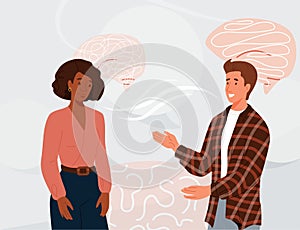Two people talking vector background. Young man explain afro american woman something. Illustration of the process of photo