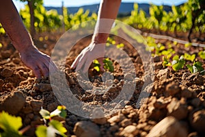 Two people tending to soil in a sunlit vineyard