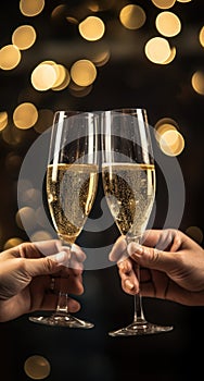 two people toasting champagne glasses in front of lights