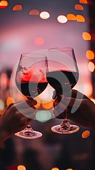 Two people toasting with wine glasses in front of a cityscape. AI generative image.