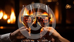 Two people toasting wine glasses in front of a cozy fireplace