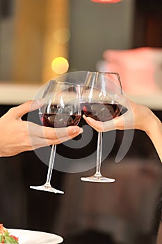 Two people toasting with wine glasses.