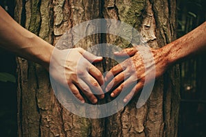 Two People Touching a Tree in a Peaceful Moment of Connection and Reverence, Two hands reaching for each other between a split