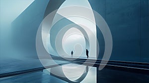 two people walk through a foggy tunnel in a building