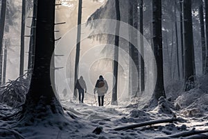 Two people walk in the winter forest with snow and fog in the background, Best agers enjoying a winter walk, snowy forest, AI photo