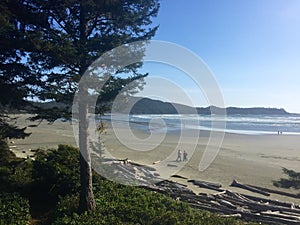 Two people walking along the beach in Tofino, British Columbia, Canada