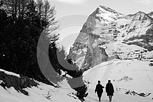 Two people walking in the Alps. Photographed on the Fox Run Trail between Kleine Scheidegg and Wengen in Switzerland