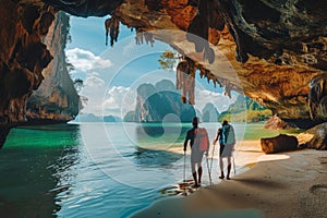 two people are walking on a beach in a cave