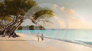 Two people walking on a beach holding hands. AI generative image